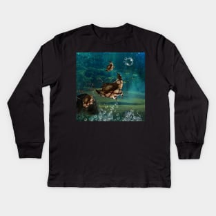 Awesome steampunk manta ray in the deep ocean Kids Long Sleeve T-Shirt